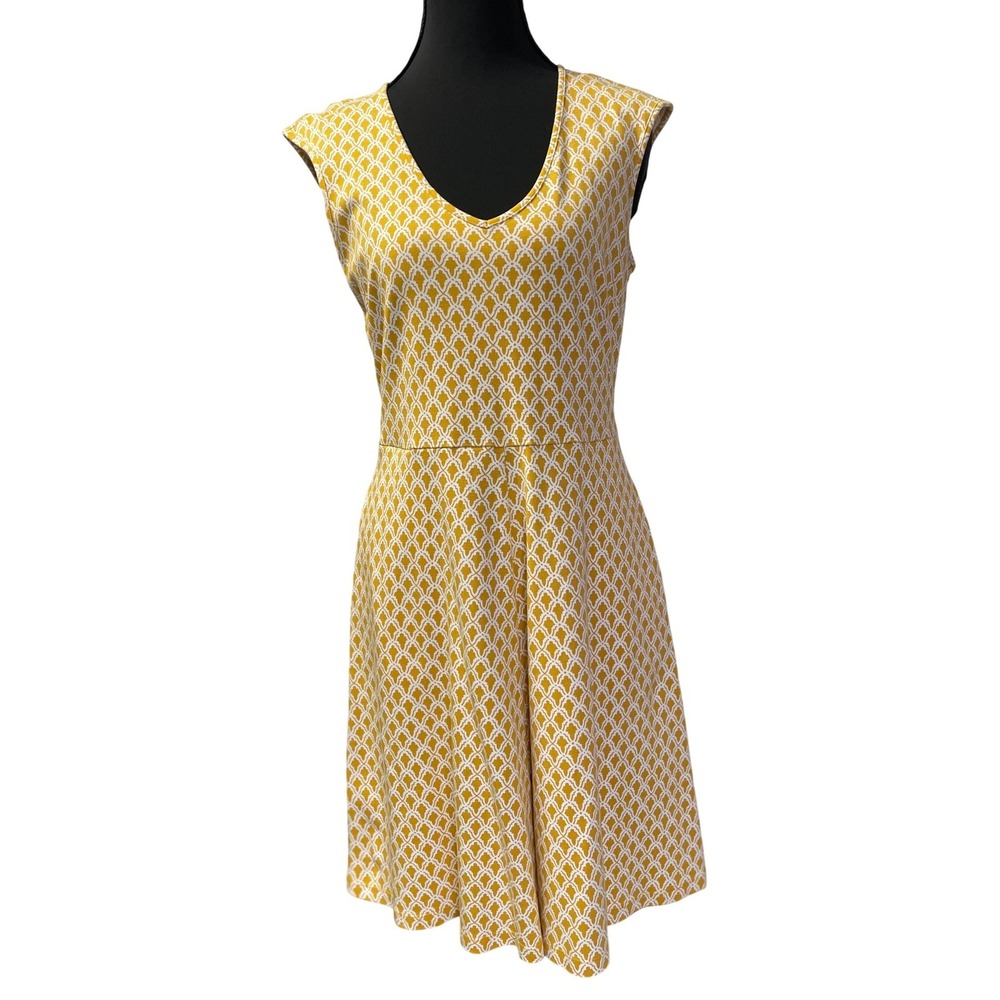 New York & Company Fit‎ Flare Dress Women S Yellow White Geometric Cap Sleeve